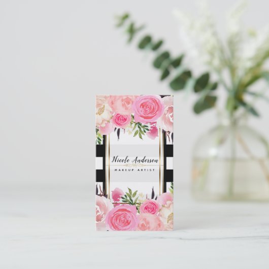 ピンクの水の色の花白黒ストライプクラシー 名刺 (スタンド正面)