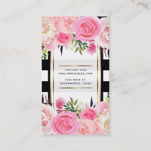 ピンクの水の色の花白黒ストライプクラシー 名刺 (裏面)