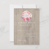 ピンクの水の色の花素朴木製ウェディングRSVP 出欠カード (正面)