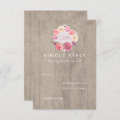 ピンクの水の色の花素朴木製ウェディングRSVP 出欠カード (正面/裏面)