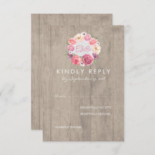 ピンクの水の色の花素朴木製ウェディングRSVP 出欠カード (正面/裏面)