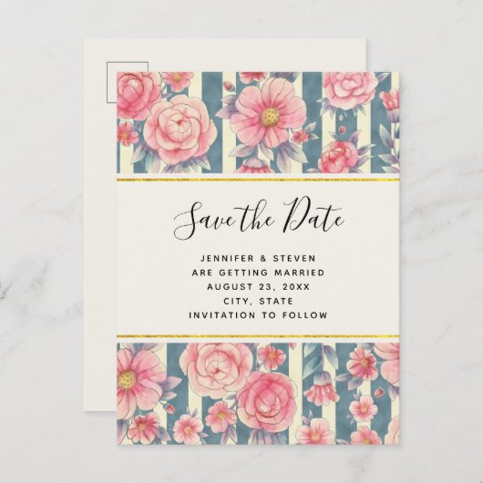 ピンクの水の色の花結婚式の日付を保存 インビテーションポストカード (正面/裏面)