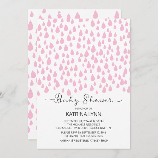 ピンクの水の色の雨滴女の子ベビーシャワー 招待状 (正面/裏面)