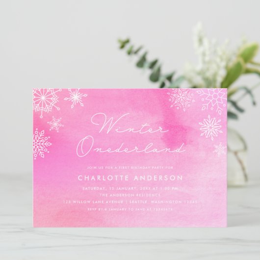 ピンクの水の色の雪の結晶の最初の誕生日パーティー 招待状 (スタンド正面)