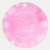 ピンクの水の色の雪の結晶を手放す雪の休日 ラウンドシール (正面)