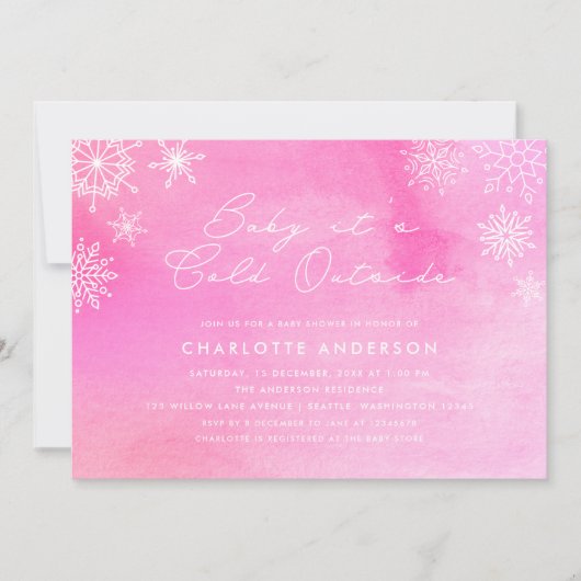 ピンクの水の色の雪の結晶ベビーシャワー 招待状 (正面)