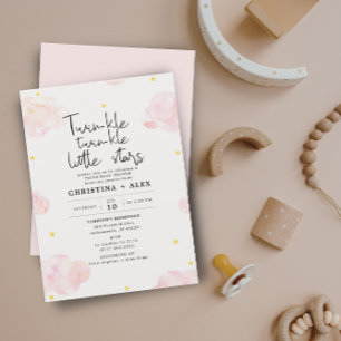 ピンクの水の色の雲ツインガールズベビーシャワー 招待状