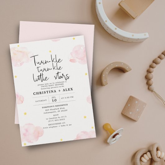 ピンクの水の色の雲ツインガールズベビーシャワー 招待状