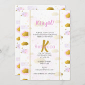 ピンクの水の色の雲金ゴールド星スカイベビーシャワー 招待状 (正面/裏面)