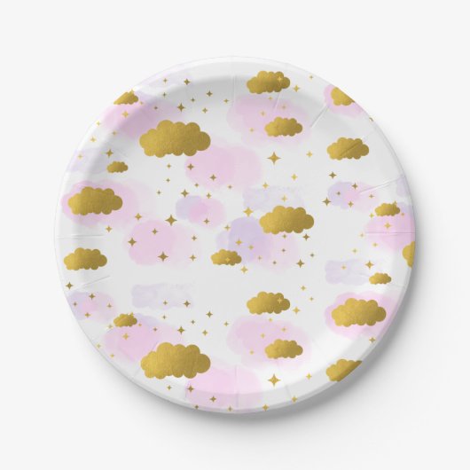 ピンクの水の色の雲金ゴールド星空 ペーパープレート (正面)