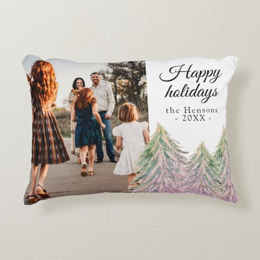 ピンクの水の色クリスマスツリーの芸術的写真 アクセントクッション (正面)