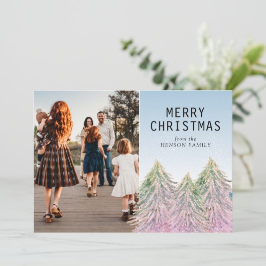 ピンクの水の色クリスマスツリーの芸術的写真 シーズンカード (スタンド正面)
