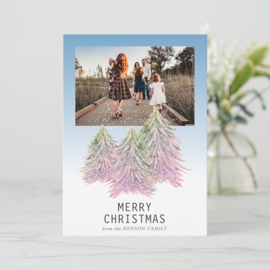 ピンクの水の色クリスマスツリーの芸術的写真 シーズンカード (スタンド正面)