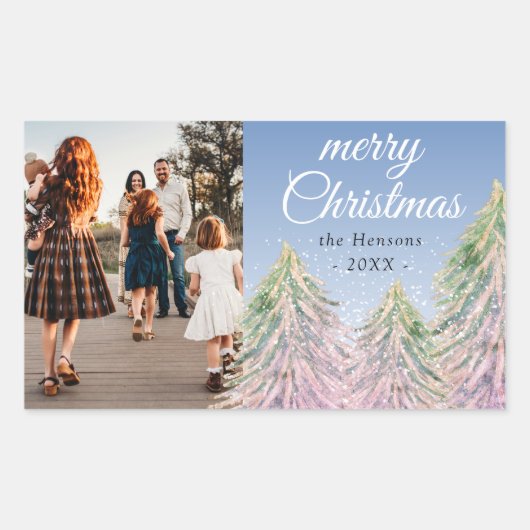 ピンクの水の色クリスマスツリーの芸術的写真 長方形シール (正面)