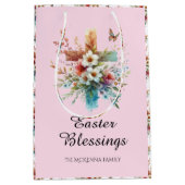 ピンクの水の色クロスフラワークリスチャンイースター ミディアムペーパーバッグ (正面)