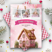 ピンクの水の色ジンジャーブレッドハウスフォトクリスマス シーズンカード