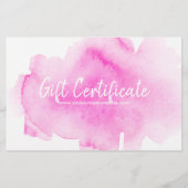 ピンクの水の色スプラッシュギフト証明書 便箋 (正面)