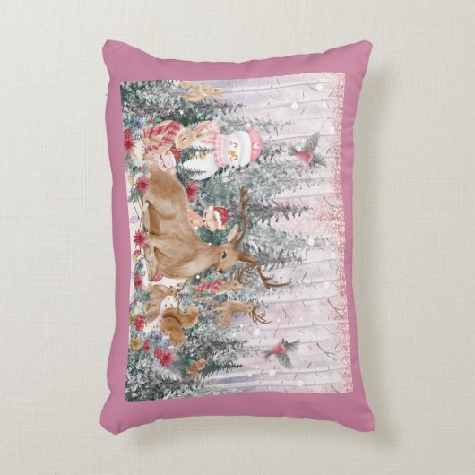 ピンクの水の色トナカイ、雪だるまメリークリスマス アクセントクッション (正面(垂直))