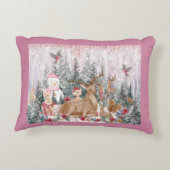 ピンクの水の色トナカイ、雪だるまメリークリスマス アクセントクッション (裏面)