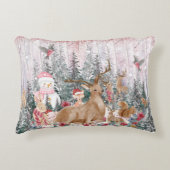 ピンクの水の色トナカイ、雪だるまメリークリスマス アクセントクッション (正面)