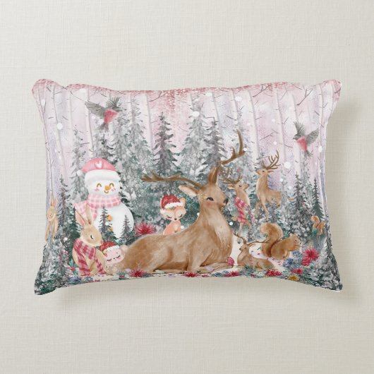 ピンクの水の色トナカイ、雪だるまメリークリスマス アクセントクッション (正面)