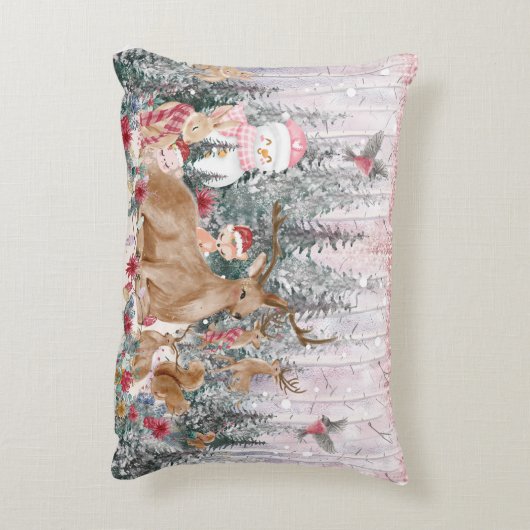 ピンクの水の色トナカイ、雪だるまメリークリスマス アクセントクッション (裏面(縦))