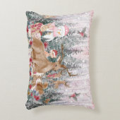 ピンクの水の色トナカイ、雪だるまメリークリスマス アクセントクッション (正面(垂直))