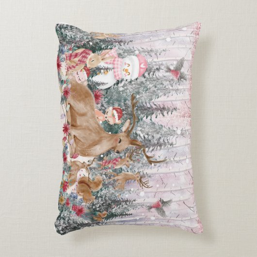 ピンクの水の色トナカイ、雪だるまメリークリスマス アクセントクッション (正面(垂直))