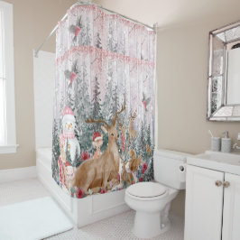 ピンクの水の色トナカイ、雪だるまメリークリスマス シャワーカーテン