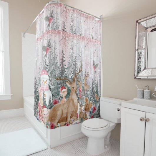 ピンクの水の色トナカイ、雪だるまメリークリスマス シャワーカーテン (インサイチュ)