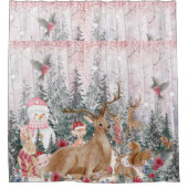 ピンクの水の色トナカイ、雪だるまメリークリスマス シャワーカーテン (正面)