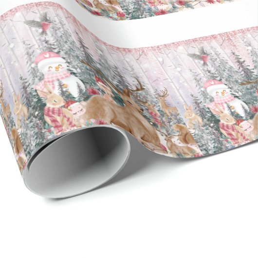 ピンクの水の色トナカイ、雪だるまメリークリスマス ラッピングペーパー (ロールコーナー)