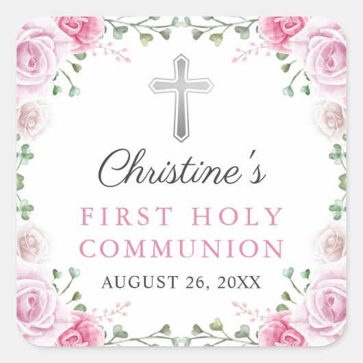 ピンクの水の色フローラ最初の聖餐式 スクエアシール (正面)