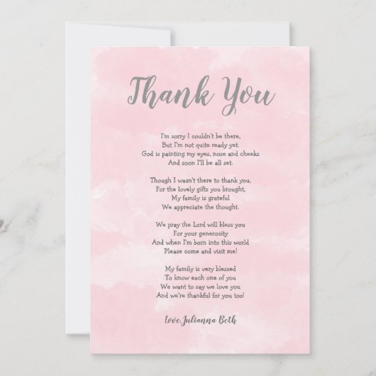ピンクの水の色ベビーシャワーありがとう注+詩 サンキューカード (正面)