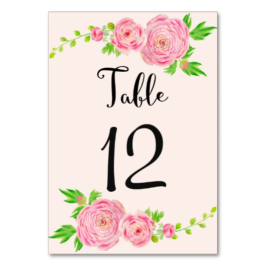 ピンクの水の色ラヌンキュラス結婚のテーブルカード テーブルナンバー (正面)