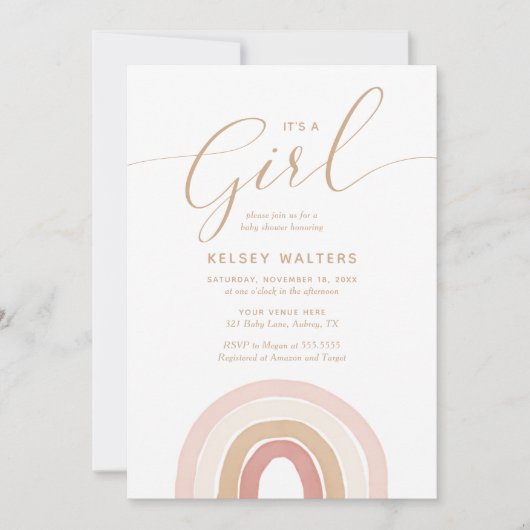 ピンクの水の色レインボーその女の子の赤ちゃんシャワー 招待状 (正面)