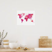 ピンクの水カラーのワールドマップ ポスター (キッチン)