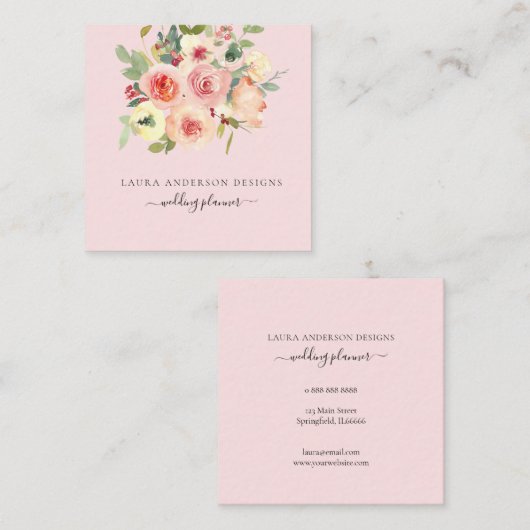 ピンクの水カラーバラの正方形 スクエア名刺 (正面/裏面)