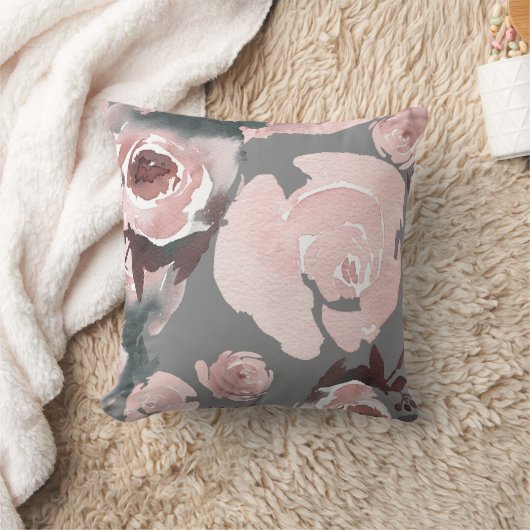 ピンクの水カラーバラグレー炭フローラ クッション (ブランケット)