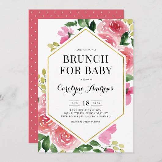 ピンクの水カラーバラフローラフレームブランチベビー 招待状 (正面/裏面)