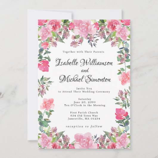 ピンクの水カラーバラ結婚式招待状 招待状 (正面)