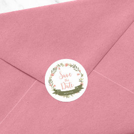 ピンクの水カラーフローラリース日付の保存 ラウンドシール