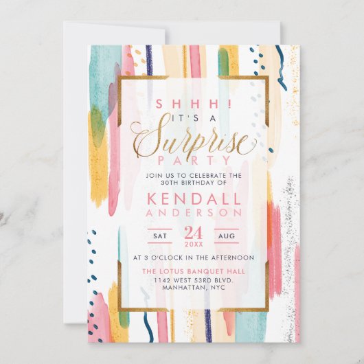 ピンクの水クール色のメンフィス·シック·サプライズ·パーティー 招待状 (正面)