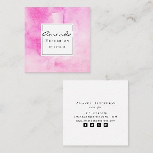 ピンクの水モダン色のブラシストロエレガントーク スクエア名刺 (正面/裏面)