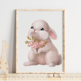 ピンクの水彩うさぎ花模様 | うさぎの壁プリント ポスター