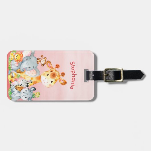 ピンクの水彩かわいいサファリジャングル動物 ラゲッジタグ (正面横)