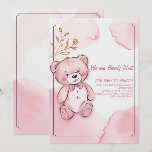 ピンクの水彩くま 招待状 (正面/裏面)