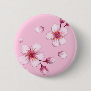 ピンクの水彩さくらんぼの花模様 缶バッジ