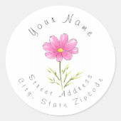 ピンクの水彩とペンコスモスの花住所 シール (正面)