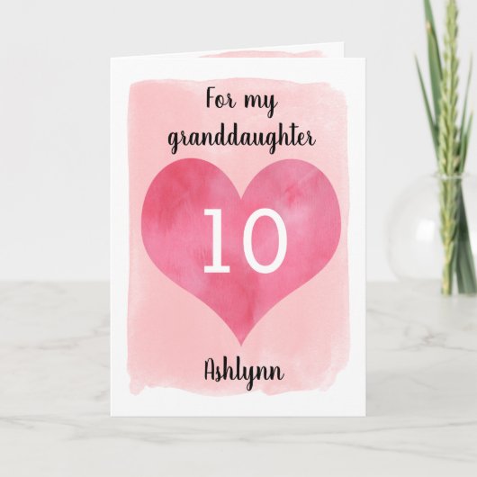 ピンクの水彩と赤いハート10番目の誕生日カード カード (正面)
